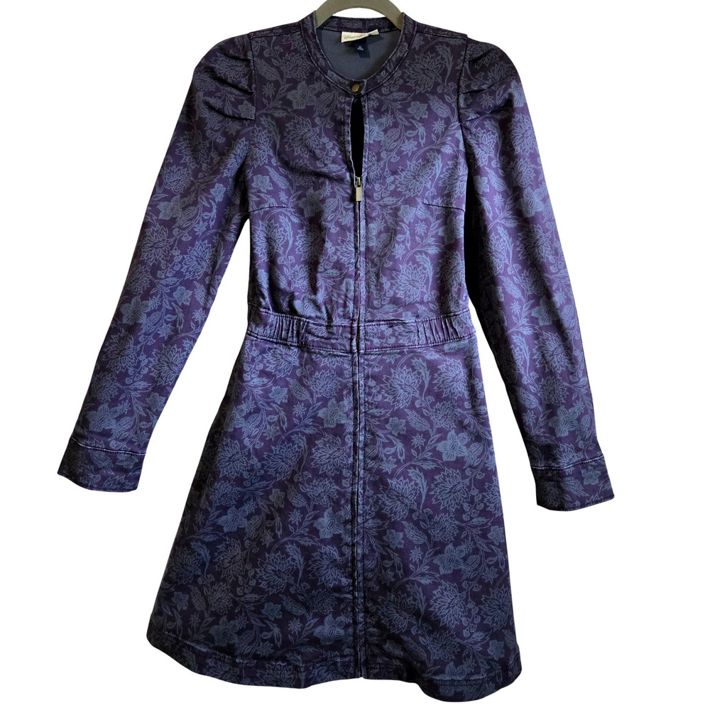 Universal‎ Thread Purple Floral Denim Mini Dress Zip Front Puff Sleeve XS Womens